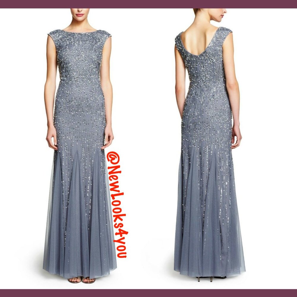 New Adrianna Papell beaded pearl‎ gown grey 14